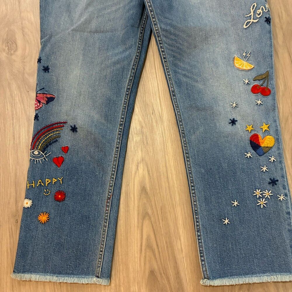 Johnny Was Light Blue Embroidered Cropped Boyfriend Jeans - Picture 3 of 8